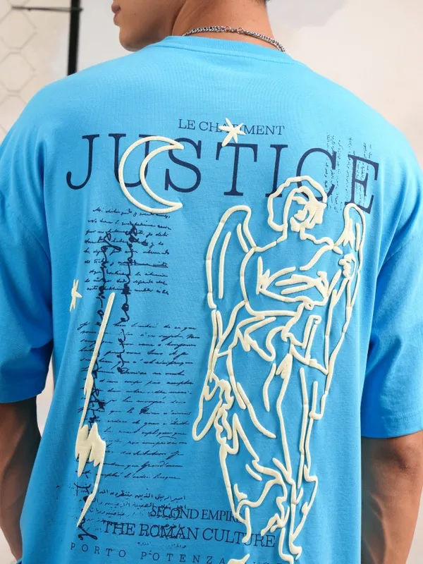 Highlander Men Turquoise Blue Printed Round Neck Oversized Fit T-Shirt
