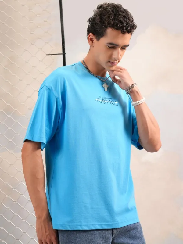 Highlander Men Turquoise Blue Printed Round Neck Oversized Fit T-Shirt