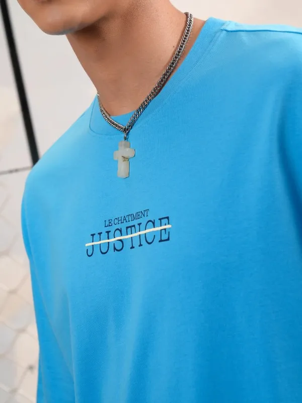 Highlander Men Turquoise Blue Printed Round Neck Oversized Fit T-Shirt