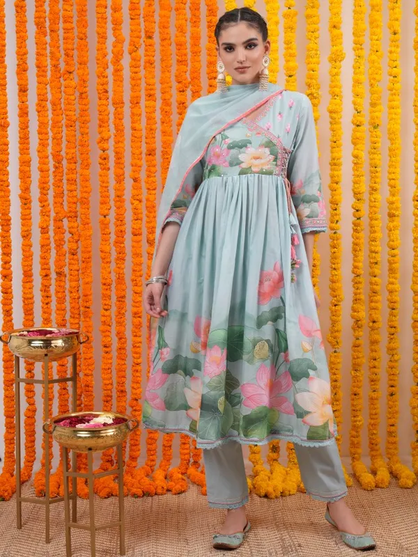 Vishudh Women Blue Printed Kurta With Trouser And Dupatta
