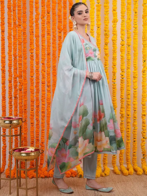 Vishudh Women Blue Printed Kurta With Trouser And Dupatta