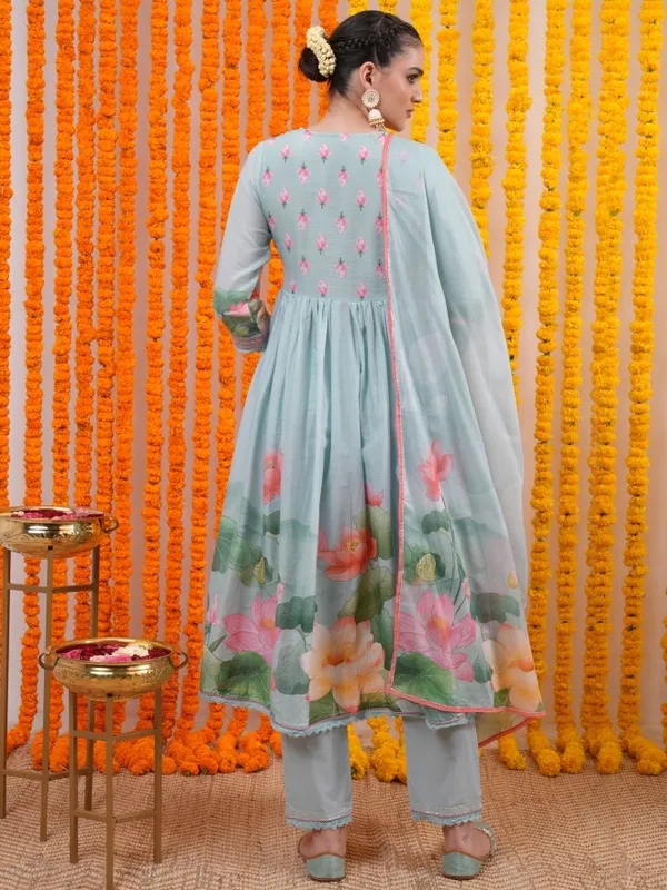 Vishudh Women Blue Printed Kurta With Trouser And Dupatta