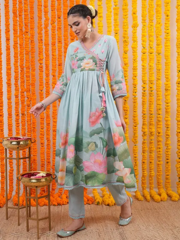 Vishudh Women Blue Printed Kurta With Trouser And Dupatta