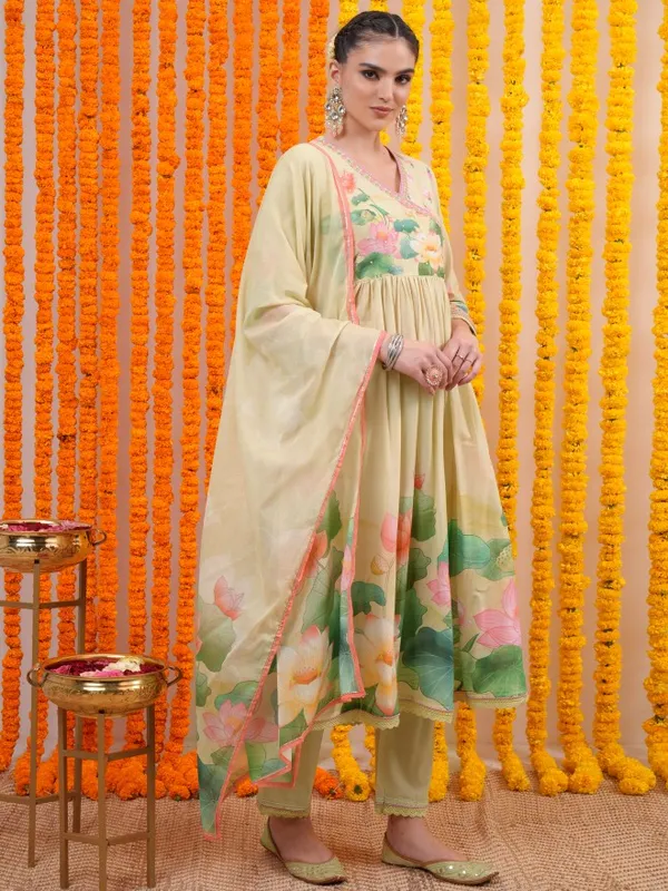 Vishudh Women Cream Printed Kurta With Trouser And Dupatta