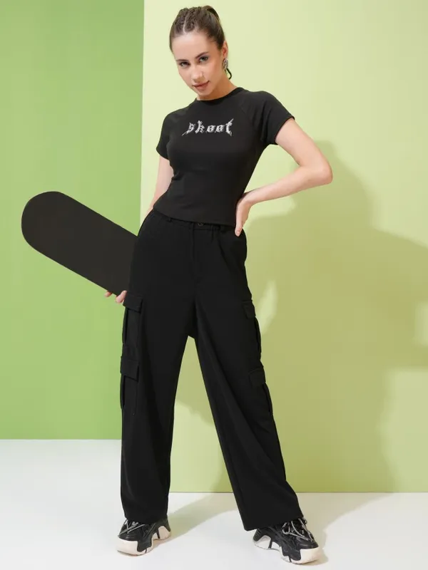 Tokyo Talkies Women Black Solid Straight Fit Cargos