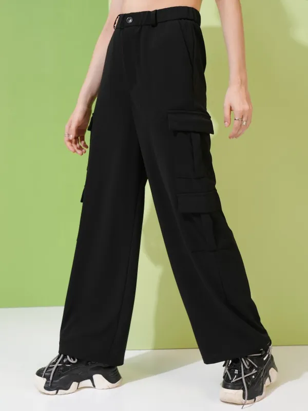 Tokyo Talkies Women Black Solid Straight Fit Cargos