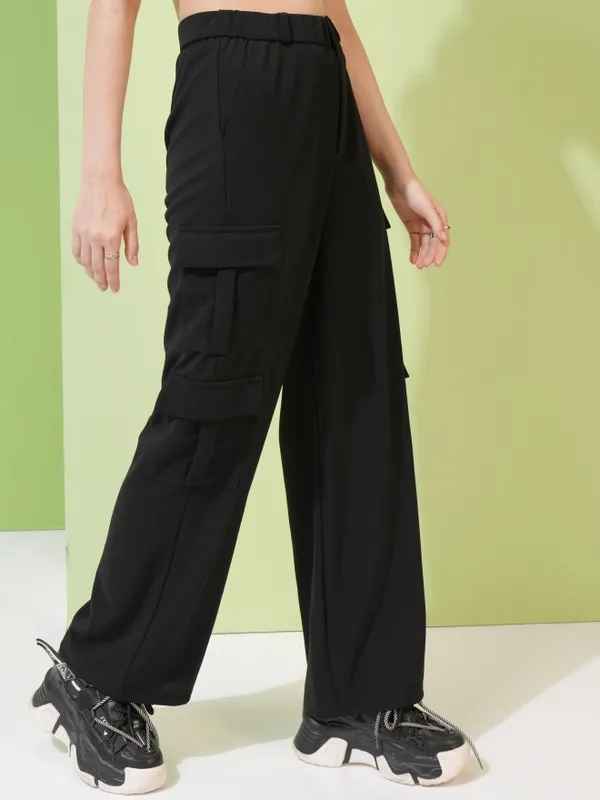 Tokyo Talkies Women Black Solid Straight Fit Cargos