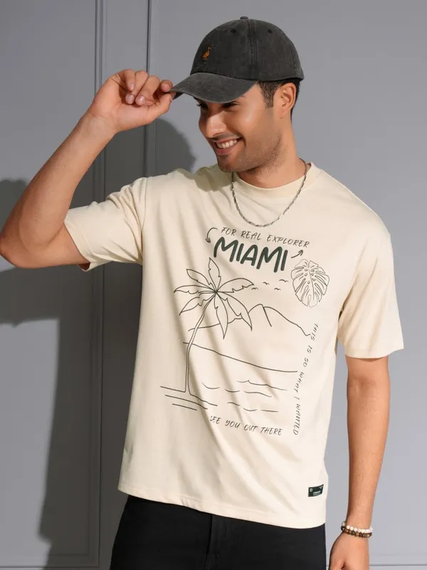 Locomotive Men Premium Puff Printed Cream Round Neck Half Sleeve Relaxed Drop Shoulder T-Shirt