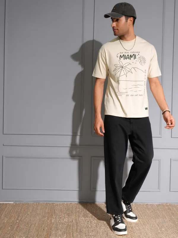 Locomotive Men Premium Puff Printed Cream Round Neck Half Sleeve Relaxed Drop Shoulder T-Shirt