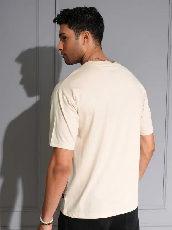 Locomotive Men Premium Puff Printed Cream Round Neck Half Sleeve Relaxed Drop Shoulder T-Shirt