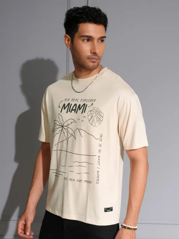 Locomotive Men Premium Puff Printed Cream Round Neck Half Sleeve Relaxed Drop Shoulder T-Shirt