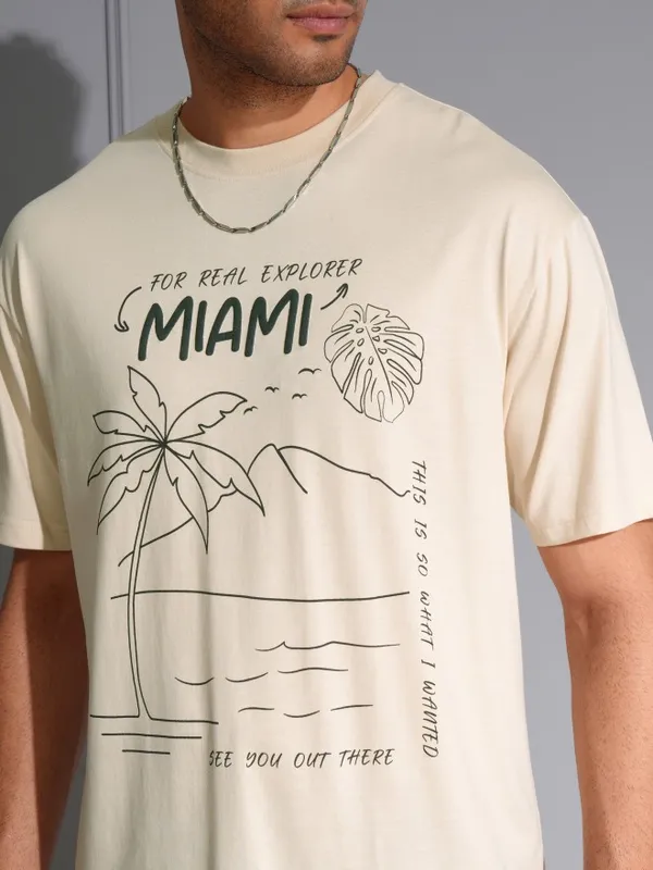 Locomotive Men Premium Puff Printed Cream Round Neck Half Sleeve Relaxed Drop Shoulder T-Shirt