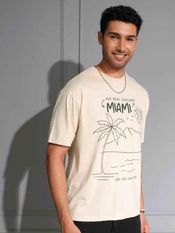 Locomotive Men Premium Puff Printed Cream Round Neck Half Sleeve Relaxed Drop Shoulder T-Shirt