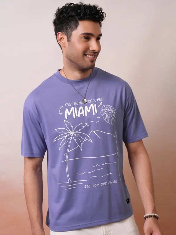 Locomotive Men Premium Puff Printed Purple Round Neck Half Sleeve Relaxed Drop Shoulder T-Shirt