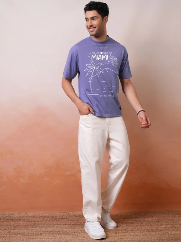 Locomotive Men Premium Puff Printed Purple Round Neck Half Sleeve Relaxed Drop Shoulder T-Shirt