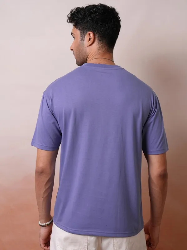 Locomotive Men Premium Puff Printed Purple Round Neck Half Sleeve Relaxed Drop Shoulder T-Shirt