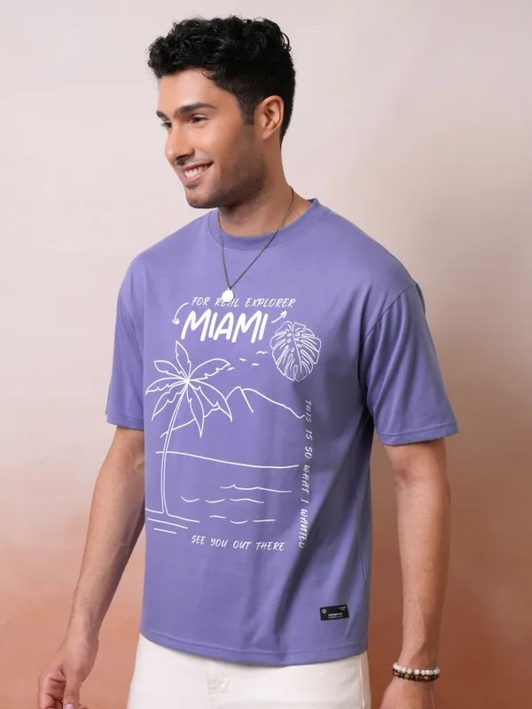 Locomotive Men Premium Puff Printed Purple Round Neck Half Sleeve Relaxed Drop Shoulder T-Shirt