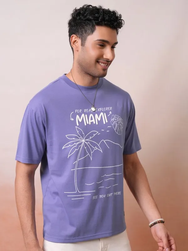 Locomotive Men Premium Puff Printed Purple Round Neck Half Sleeve Relaxed Drop Shoulder T-Shirt