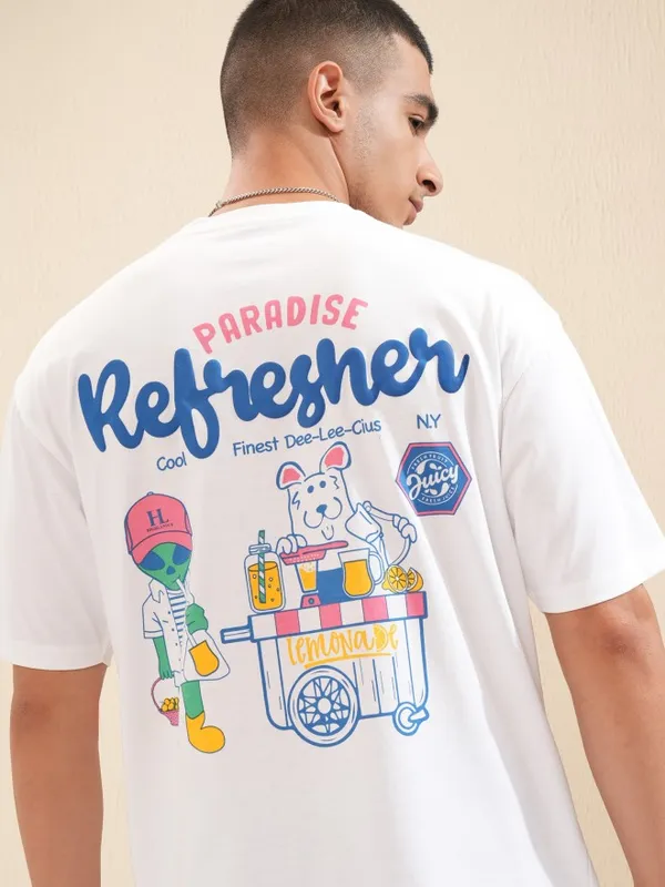 Highlander Men White Typographic Drop Shoulder Oversized Tshirt