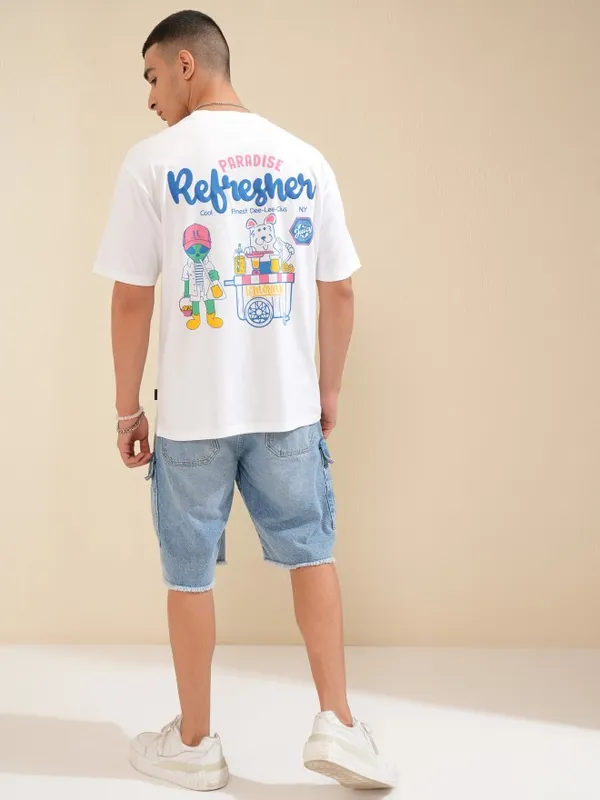 Highlander Men White Typographic Drop Shoulder Oversized Tshirt