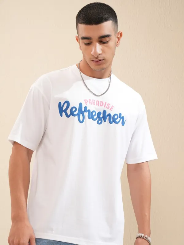 Highlander Men White Typographic Drop Shoulder Oversized Tshirt
