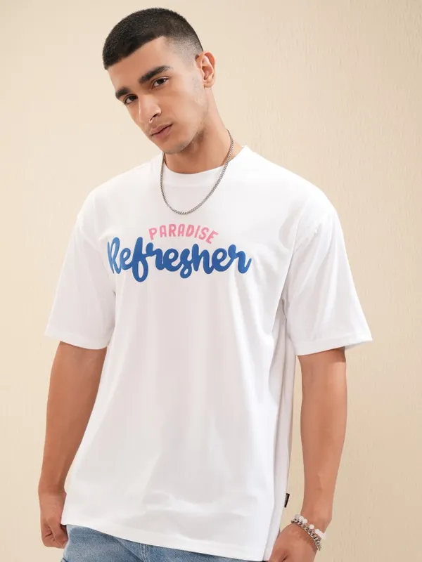 Highlander Men White Typographic Drop Shoulder Oversized Tshirt