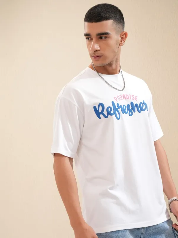 Highlander Men White Typographic Drop Shoulder Oversized Tshirt