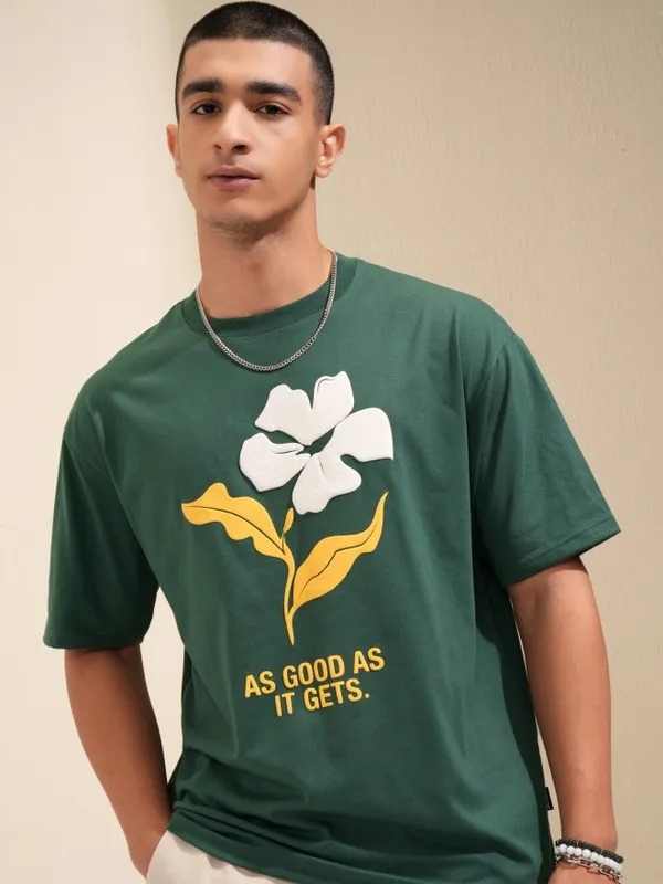Highlander Men Green Printed Round Neck Relaxed Fit T-Shirt