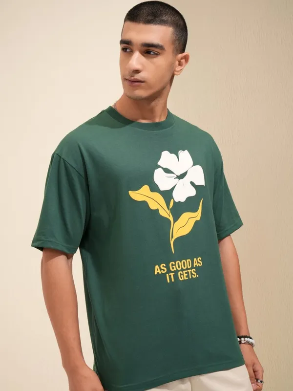 Highlander Men Green Printed Round Neck Relaxed Fit T-Shirt