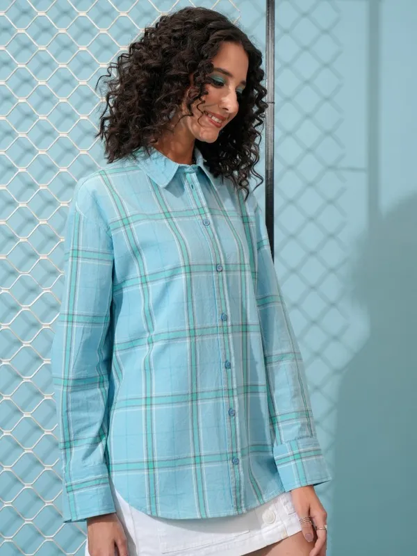  Tokyo Talkies Women Blue Checked Casual Shirts
