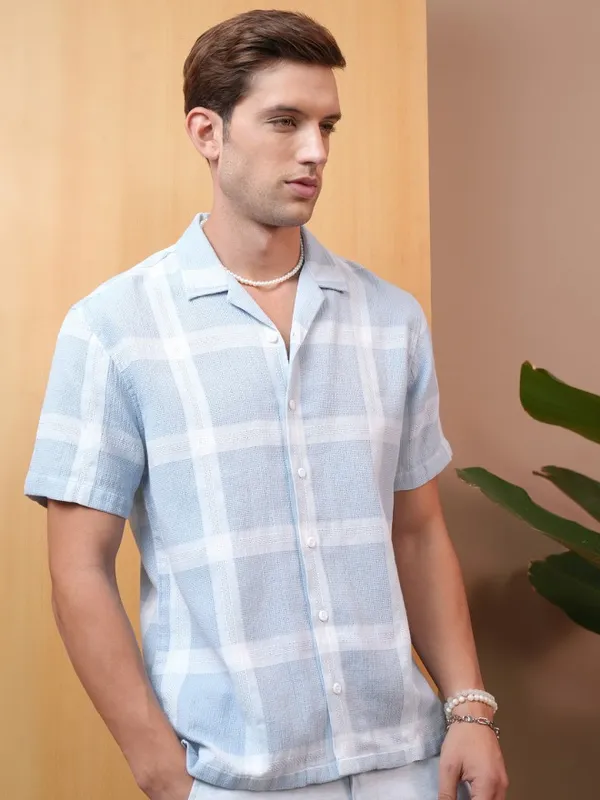  Locomotive Men Blue Checked Regular Fit Casual Shirts