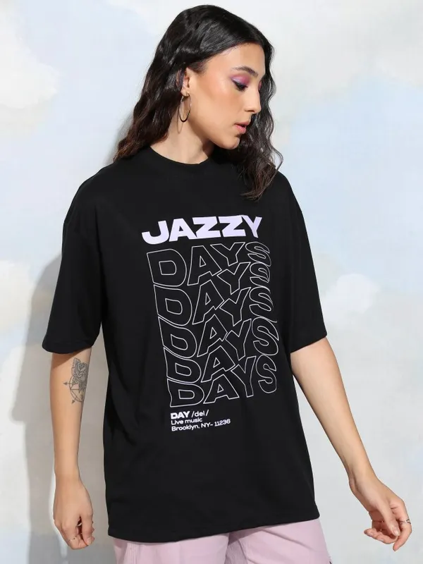 Tokyo Talkies Women Black Printed Round Neck T-Shirt