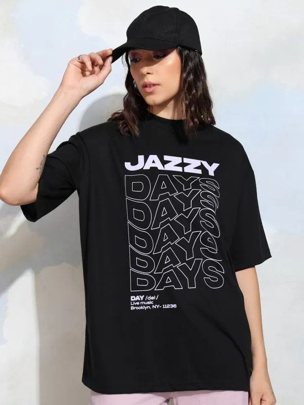 Tokyo Talkies Women Black Printed Round Neck T-Shirt