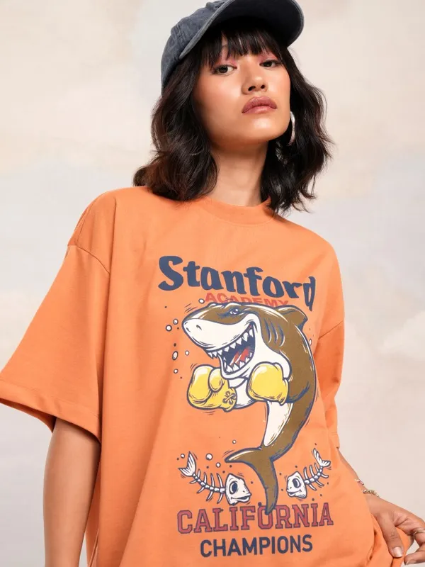 Tokyo Talkies Women Camel Brown Printed Round Neck Oversized Fit T-Shirt