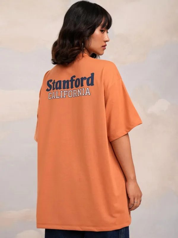 Tokyo Talkies Women Camel Brown Printed Round Neck Oversized Fit T-Shirt