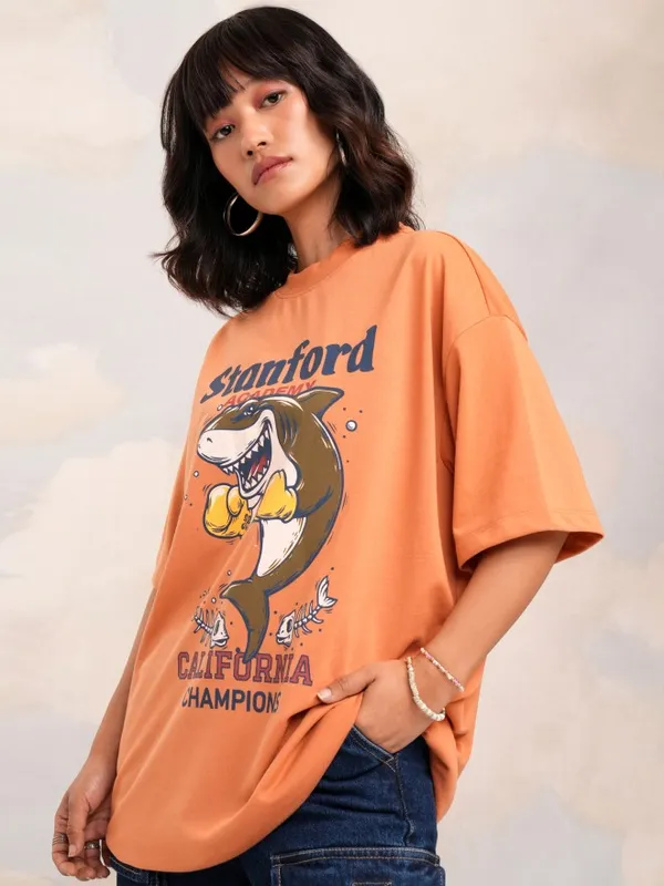 Tokyo Talkies Women Camel Brown Printed Round Neck Oversized Fit T-Shirt