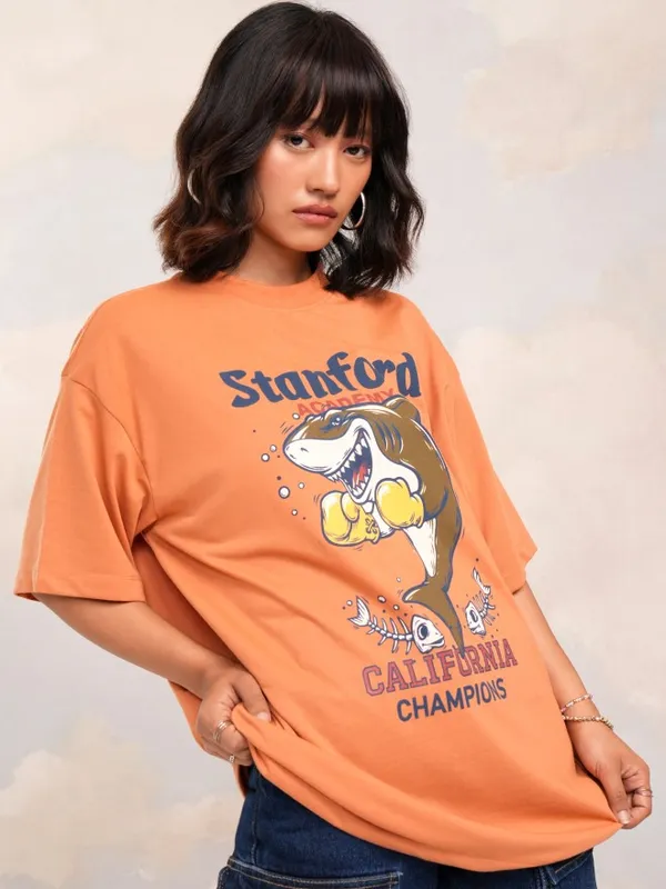 Tokyo Talkies Women Camel Brown Printed Round Neck Oversized Fit T-Shirt