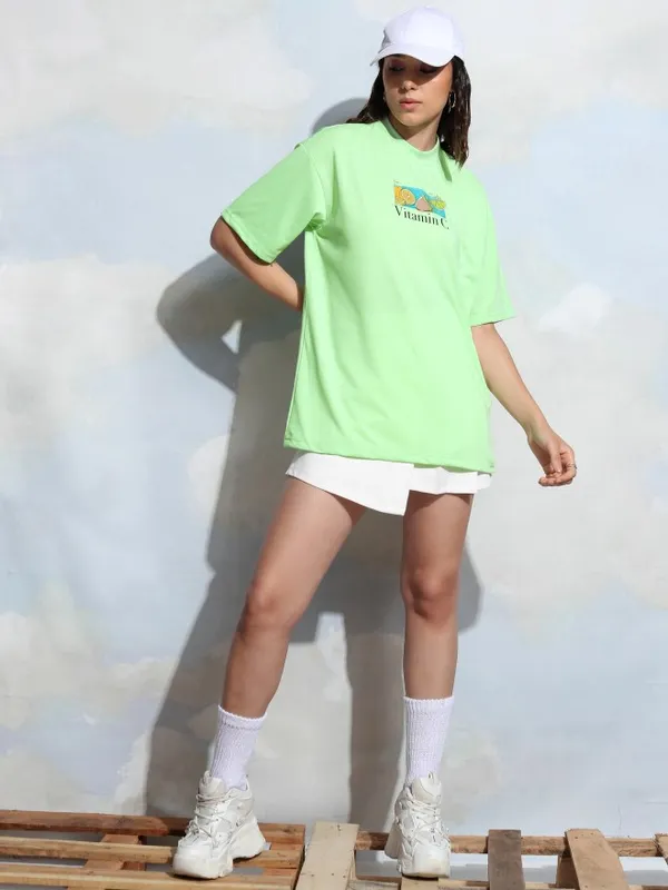 Tokyo Talkies Women Green Printed Round Neck T-Shirt