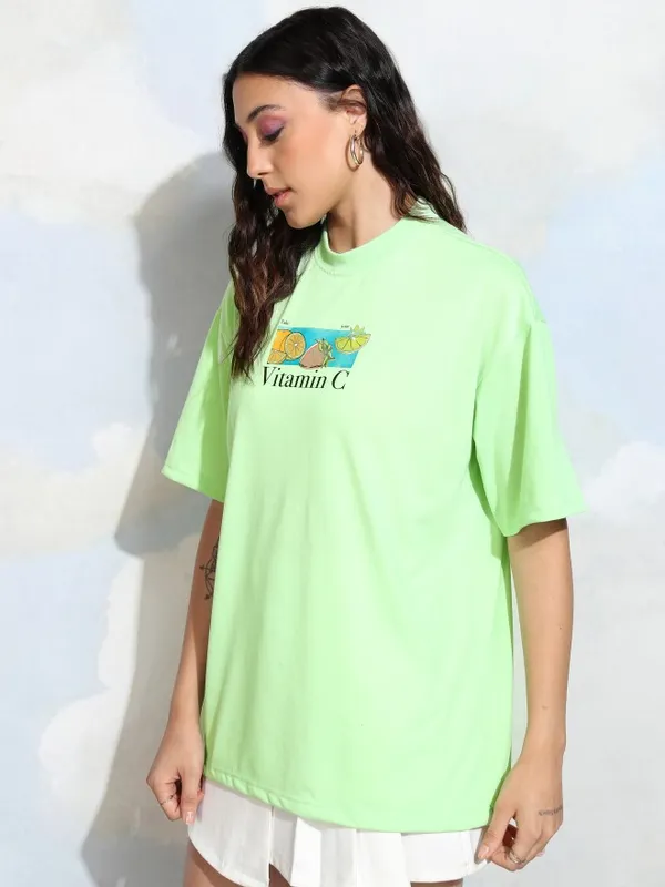 Tokyo Talkies Women Green Printed Round Neck T-Shirt