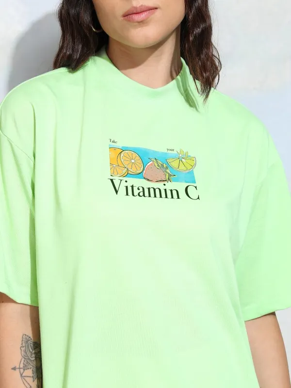 Tokyo Talkies Women Green Printed Round Neck T-Shirt