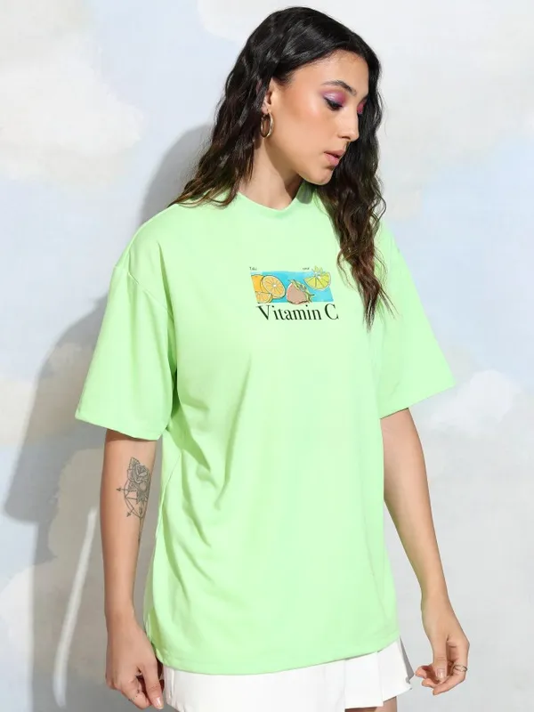 Tokyo Talkies Women Green Printed Round Neck T-Shirt