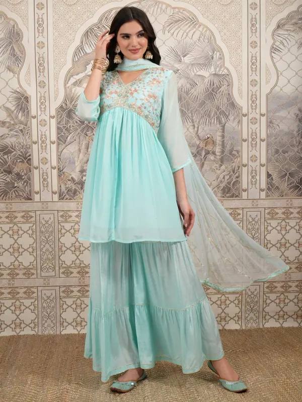  Vishudh Women Turquoise Embroidered Kurta Sets