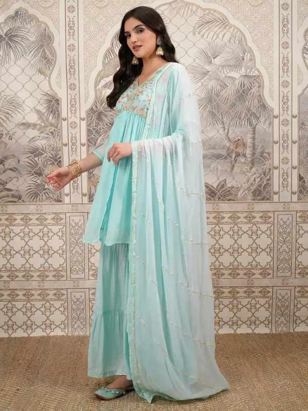  Vishudh Women Turquoise Embroidered Kurta Sets