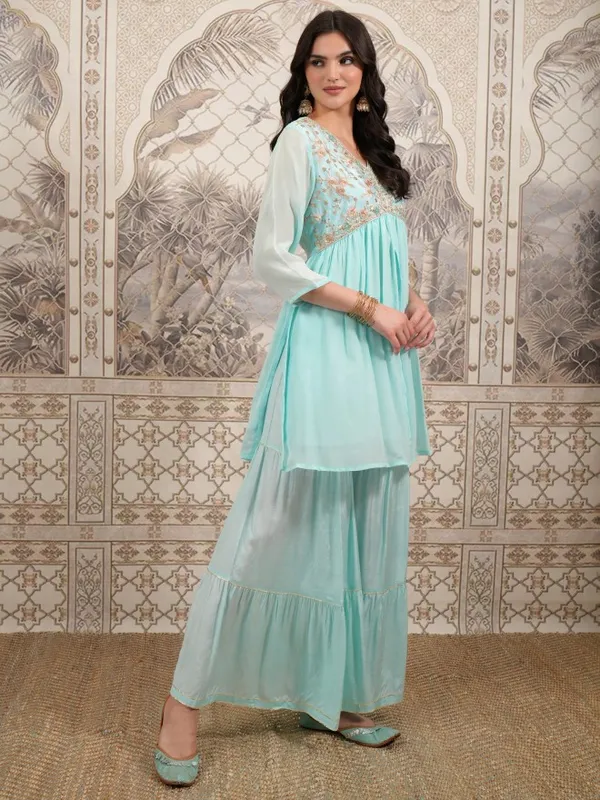  Vishudh Women Turquoise Embroidered Kurta Sets