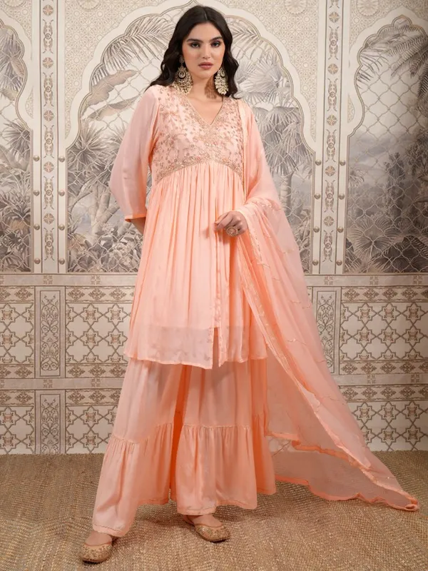  Vishudh Women Peach Embroidered Kurta Sets