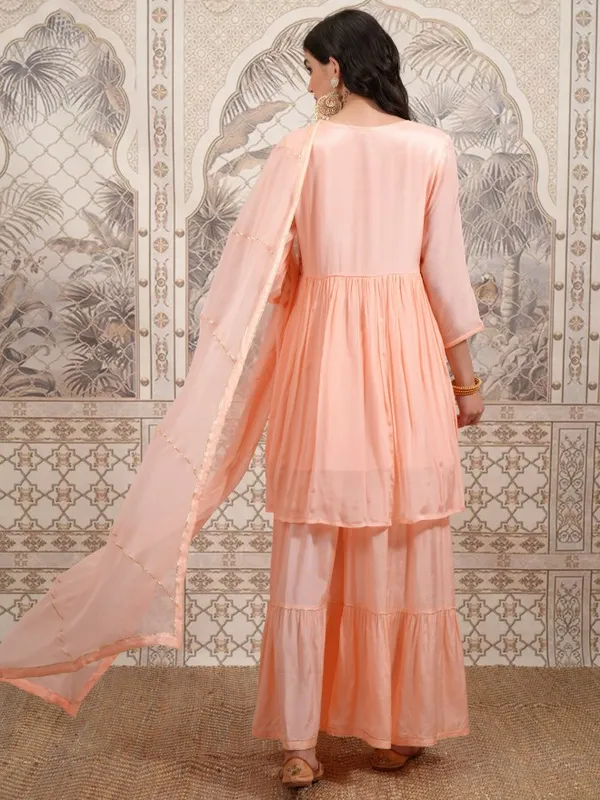  Vishudh Women Peach Embroidered Kurta Sets