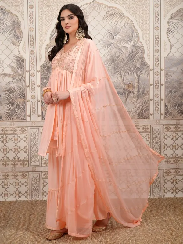  Vishudh Women Peach Embroidered Kurta Sets