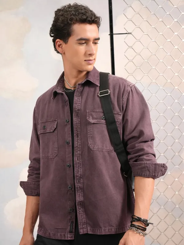 Highlander Men Burgundy Faded Oversized Fit Casual Shirts