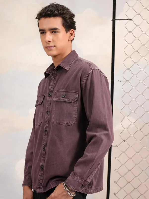 Highlander Men Burgundy Faded Oversized Fit Casual Shirts