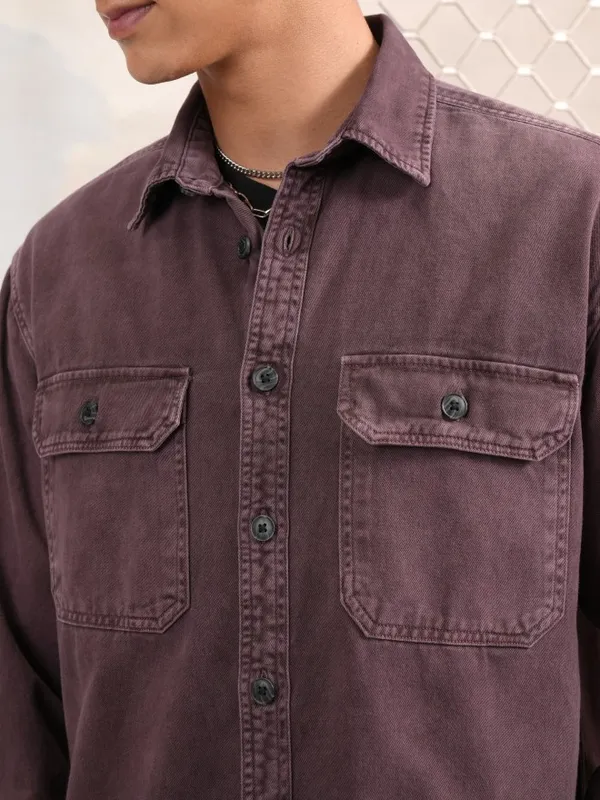 Highlander Men Burgundy Faded Oversized Fit Casual Shirts